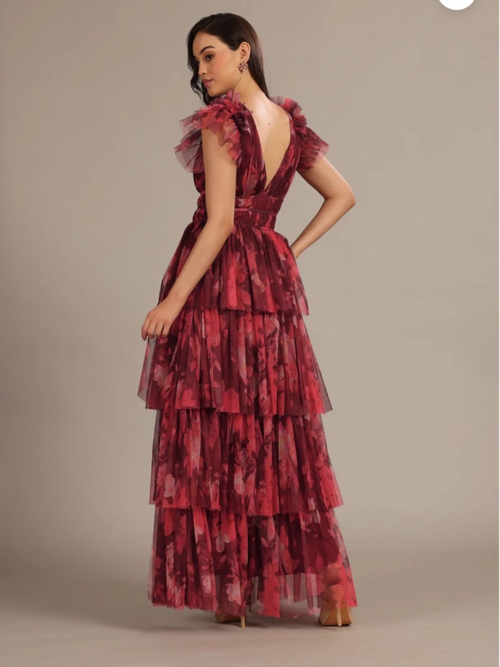 ASOS Lace & Beads Ruffle Shoulder Tiered Maxi Dress in Deep Rose US 8 - Picture 3 of 15